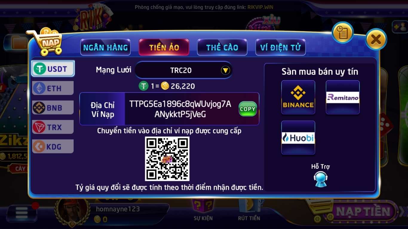 Nạp tiền bằng tiền ảo