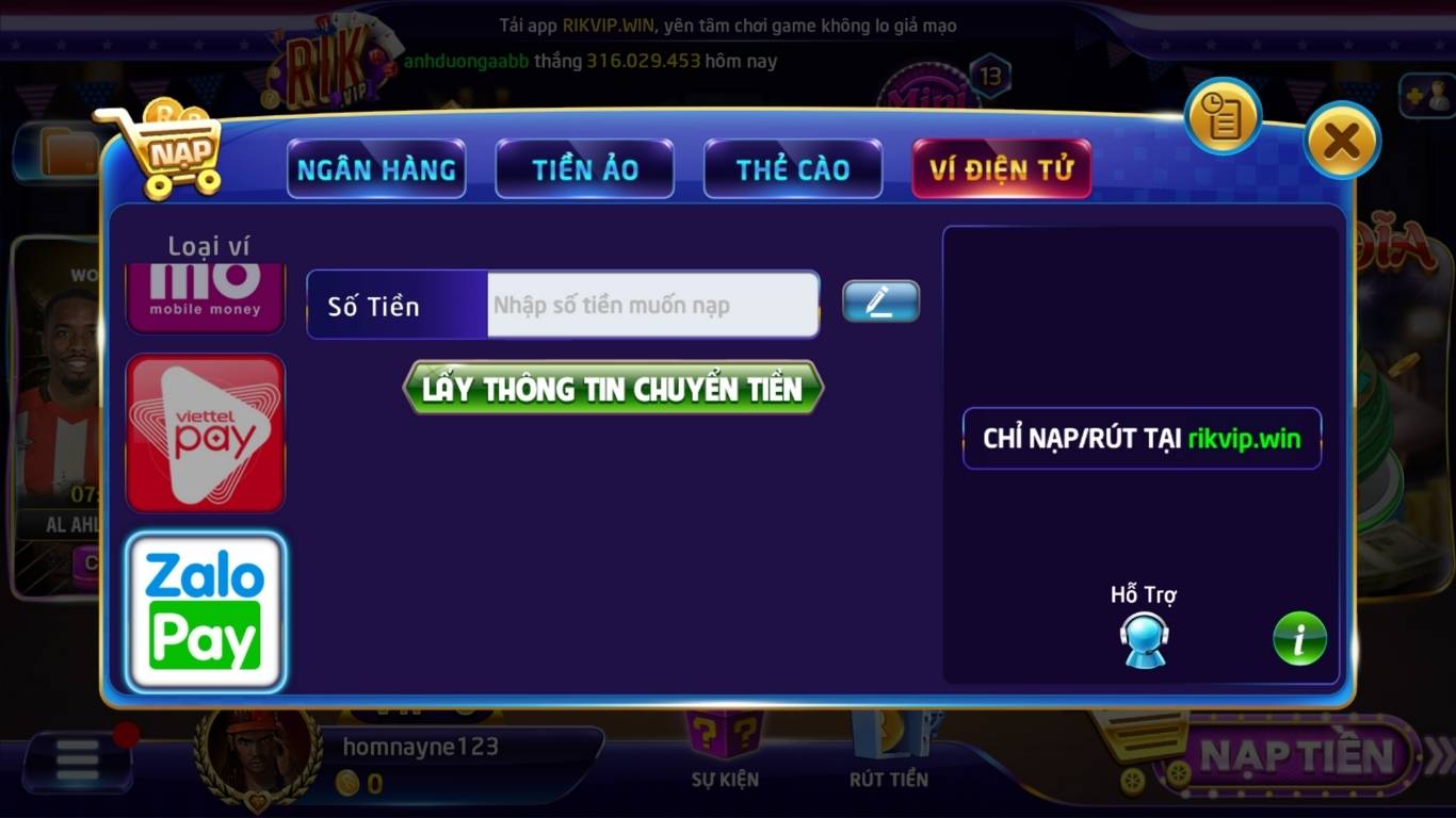 Nạp tiền Rikvip qua ví điện tử